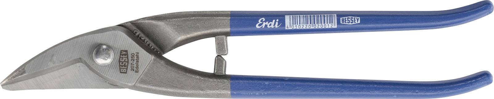 Metal sheet cutter with blue handles, designed for precise cutting of metal sheets. Handle has 'Evol' branding and a barcode.