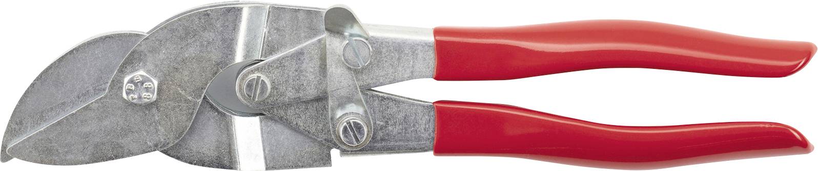 Metal pruning shears with red handles, used for cutting plant stems and branches.