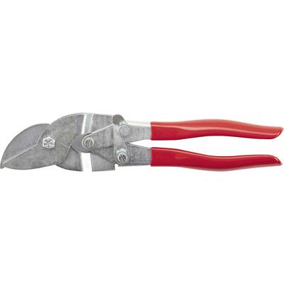Metal pruning shears with red handles, used for cutting plant stems and branches.