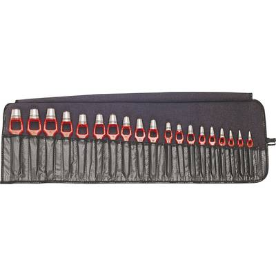 A set of sixteen red and silver wrench heads organized in a black roll-up pouch, used for precision fittings and mechanical work.