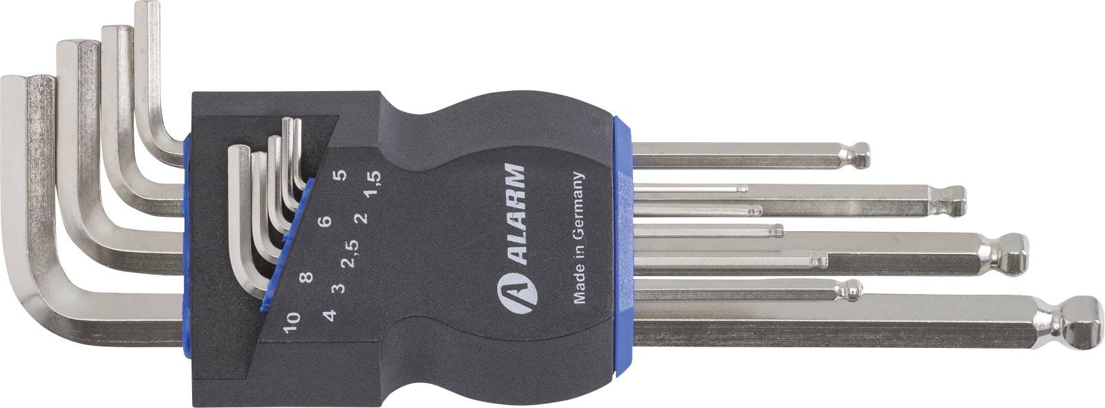 A set of hex keys organized by size in a holder, ranging from 1.5mm to 10mm. The holder is labeled with 'Alarm' and 'Made in Germany.'