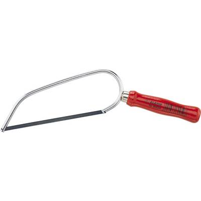 A red-handled hacksaw with a curved metal frame and a fine-toothed blade, used for cutting metal and plastic.