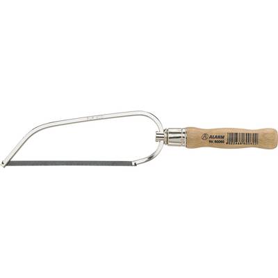 A hand saw with a wooden handle, metal frame, and replaceable blade. The handle has a label with a barcode and brand name.