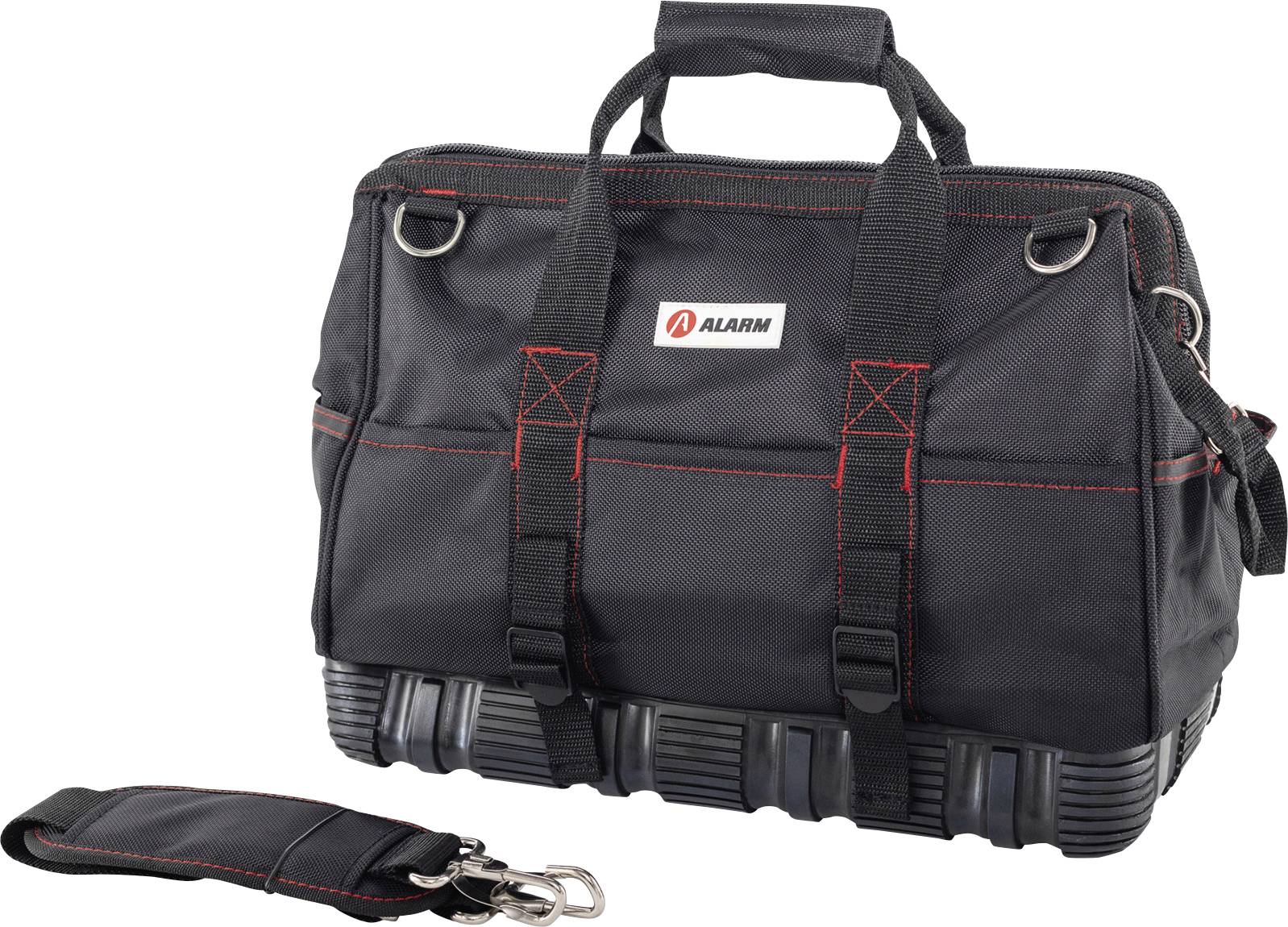 A black tool bag with red stitching, featuring a logo that reads 'ALARM.' The bag has handles, multiple pockets, and a detachable strap.