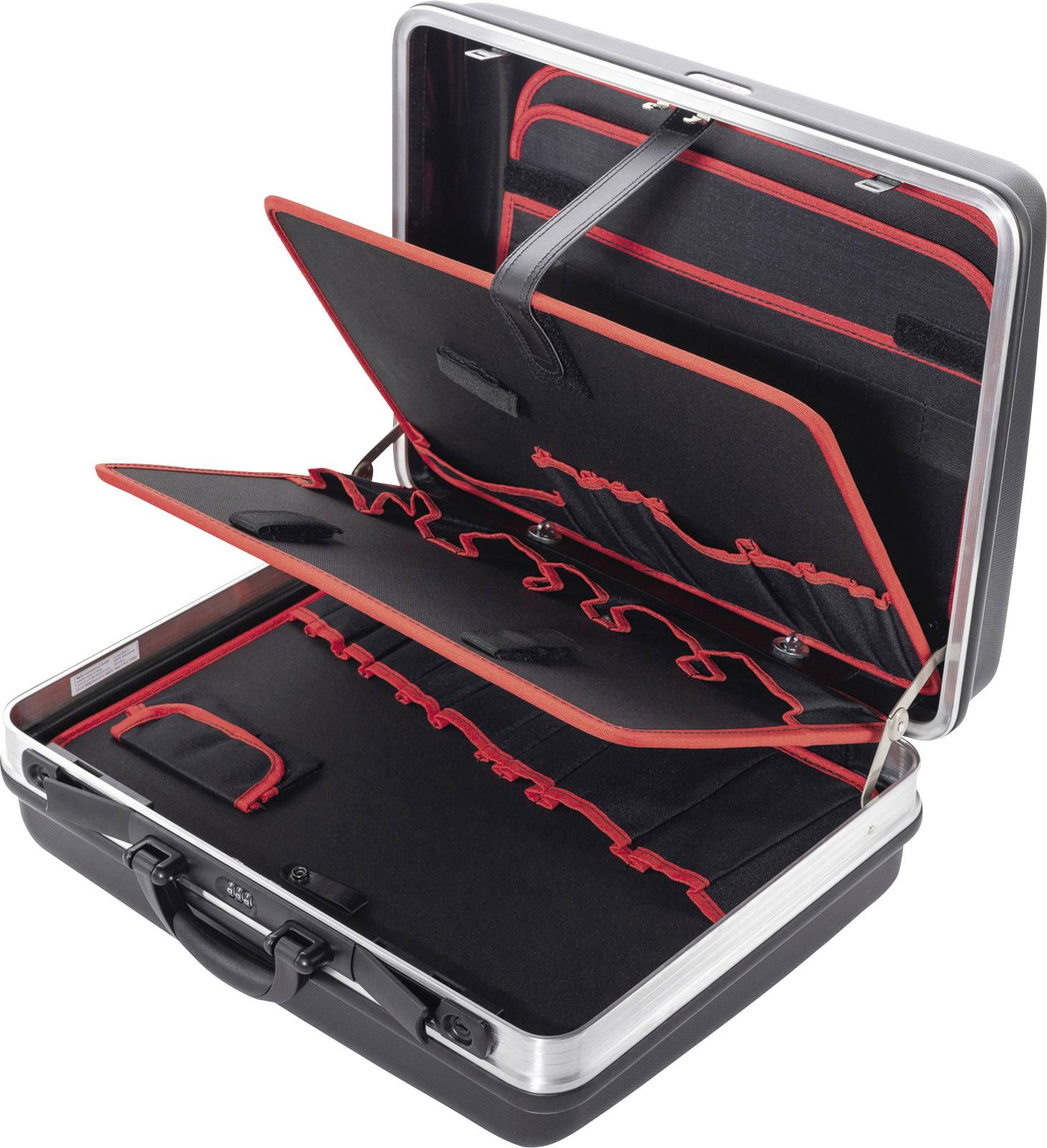 An open silver briefcase with red-trimmed interior pockets and sections for organizing tools or documents.