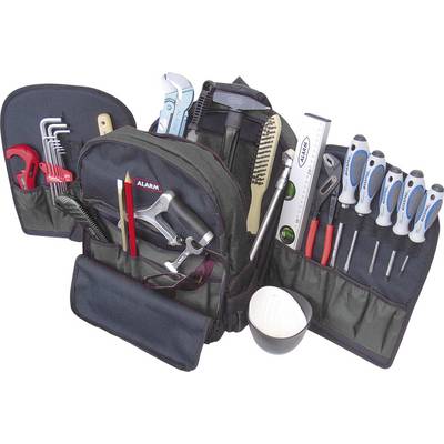 A backpack tool kit with assorted tools, including screwdrivers, wrenches, pliers, a hammer, and measuring tape, organized in compartments.