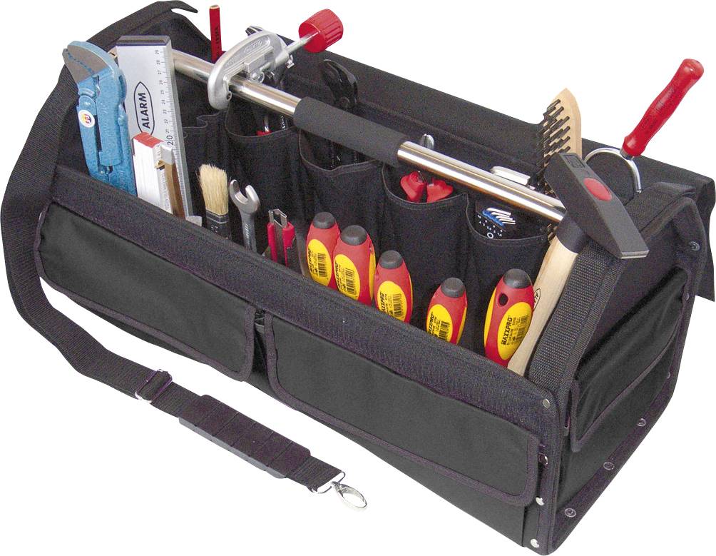 A black tool bag filled with various hand tools including screwdrivers, a hammer, a saw, and a brush.