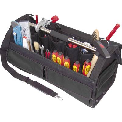 A black tool bag filled with various hand tools including screwdrivers, a hammer, a saw, and a brush.