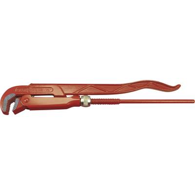 Red adjustable pipe wrench with a long handle and serrated jaws, resting on a flat surface, used for gripping and turning pipes.
