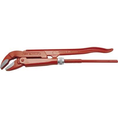 A red pipe wrench with adjustable jaws, used for gripping and turning pipes.