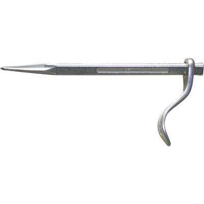 A tent peg with a long shaft and a hooked end, designed for securing tents firmly into the ground.
