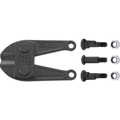 Bolt cutter replacement jaws with three bolts and nuts, designed for heavy-duty cutting. Labeled 'VBW' and 'Made in Germany'.