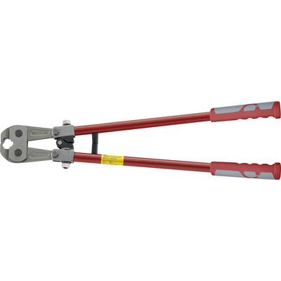 A large red-handled bolt cutter with black jaws, used for cutting heavy wire or metal.