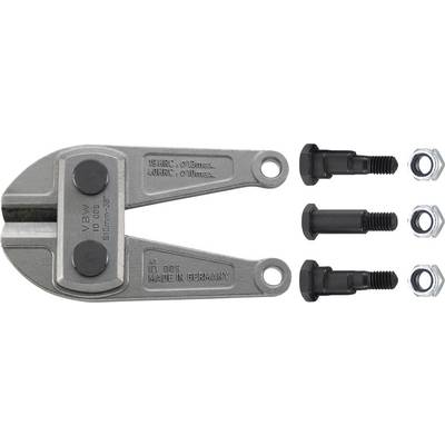A metal tool head with two pivot points, accompanied by three black bolts and corresponding nuts, on a white background.