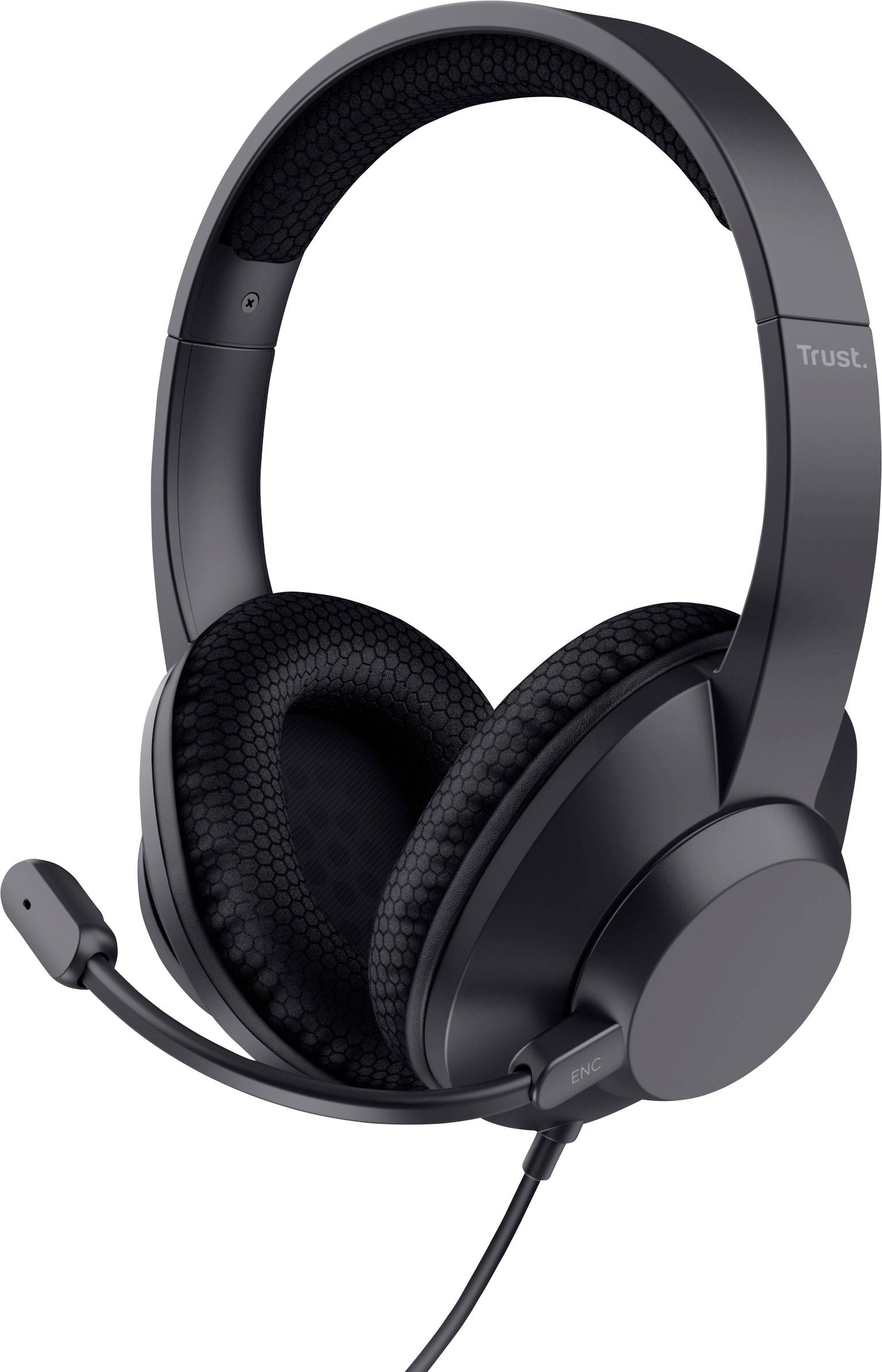 Headset with microphone attached, black design, featuring padded ear cushions and adjustable headband for comfort.