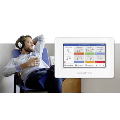 A man relaxes with headphones and a drink beside a Honeywell Home thermostat displaying room temperatures and controls on a screen.