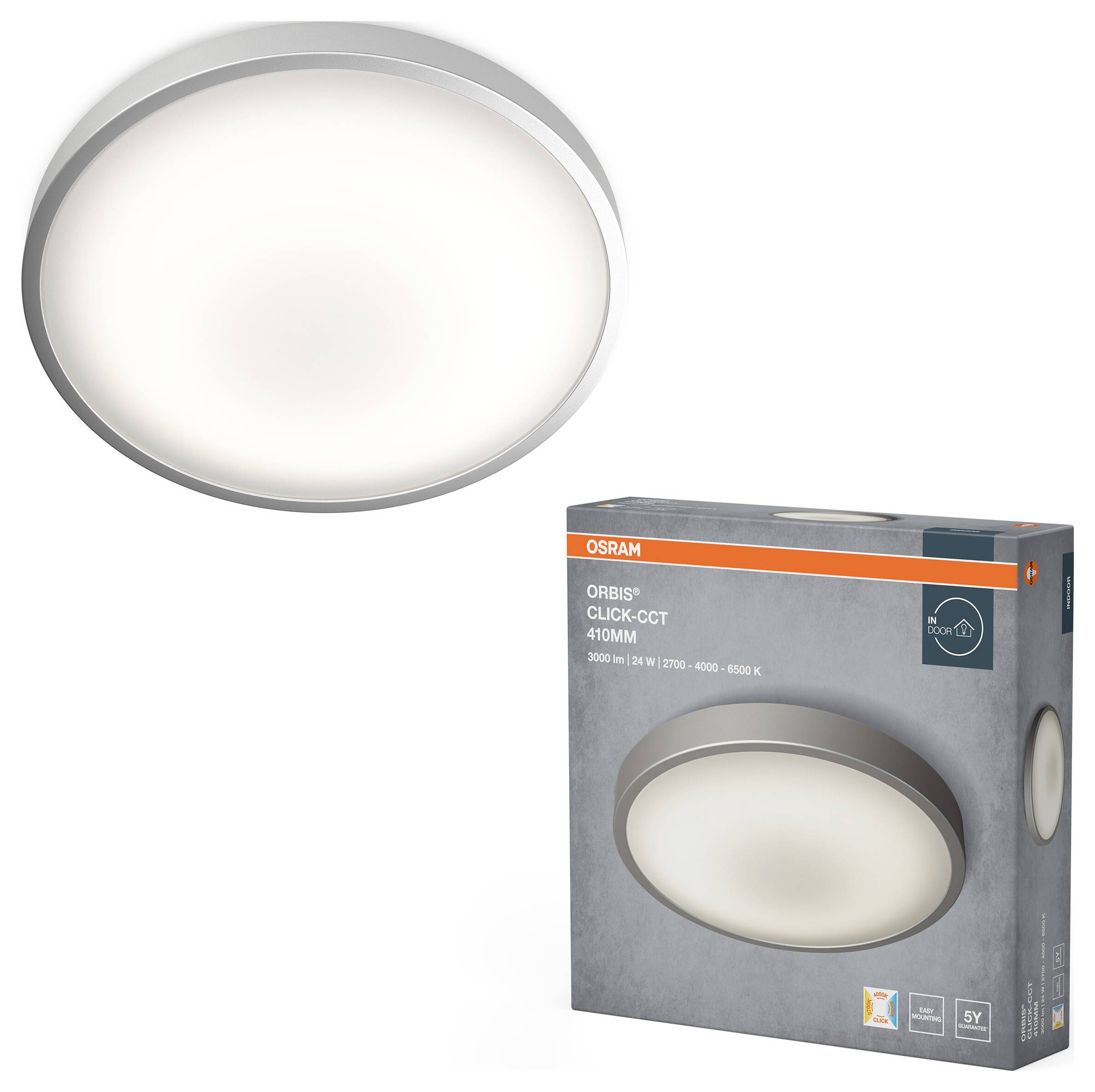 A round ceiling light fixture and its packaging box. The box displays the brand name 'OSRAM' and product details, suitable for indoor use.