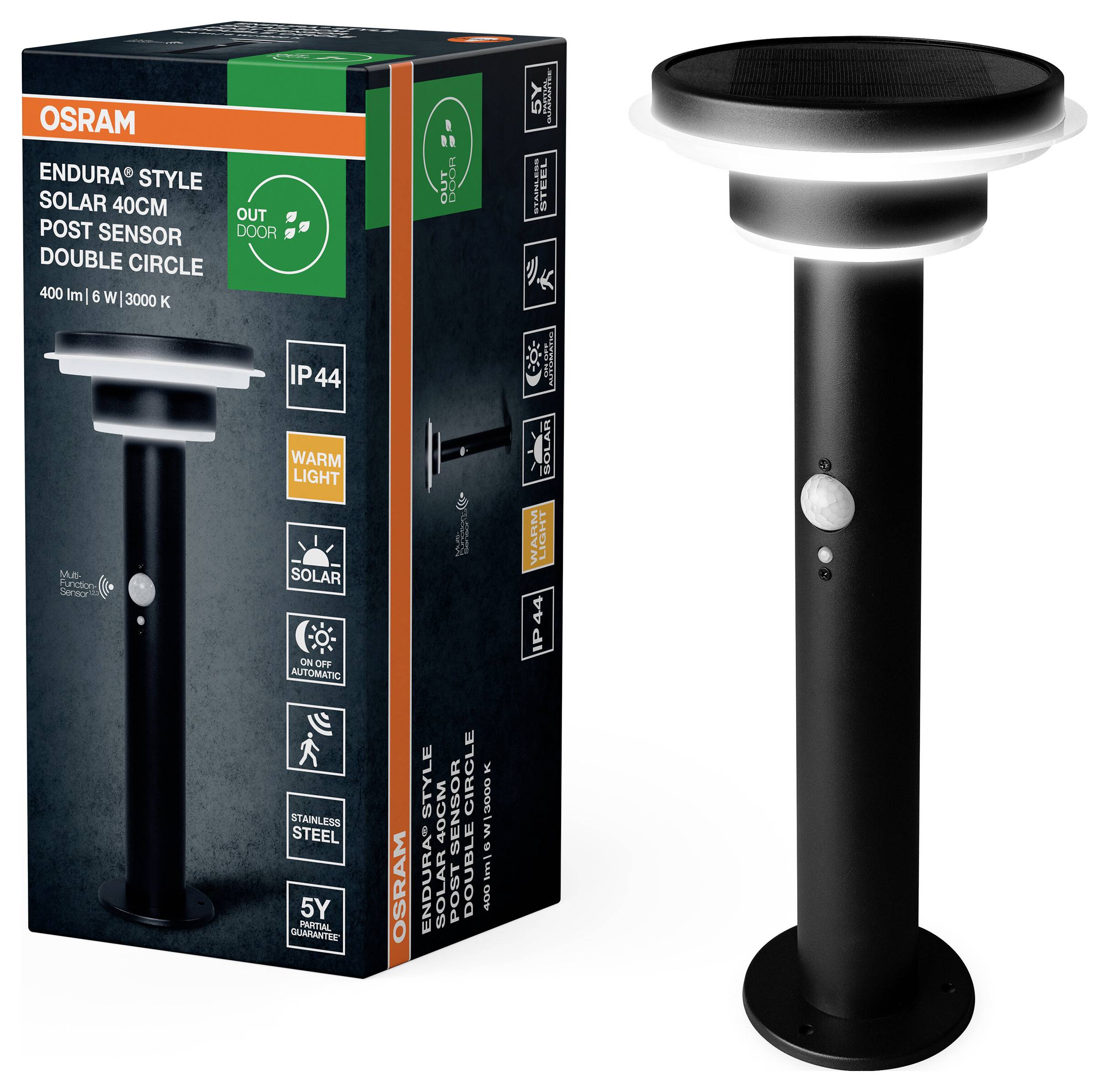 A solar-powered outdoor post light by OSRAM with sensor and circular design. Box highlights include IP44 rating, 400 lm, 6W, 3000K.