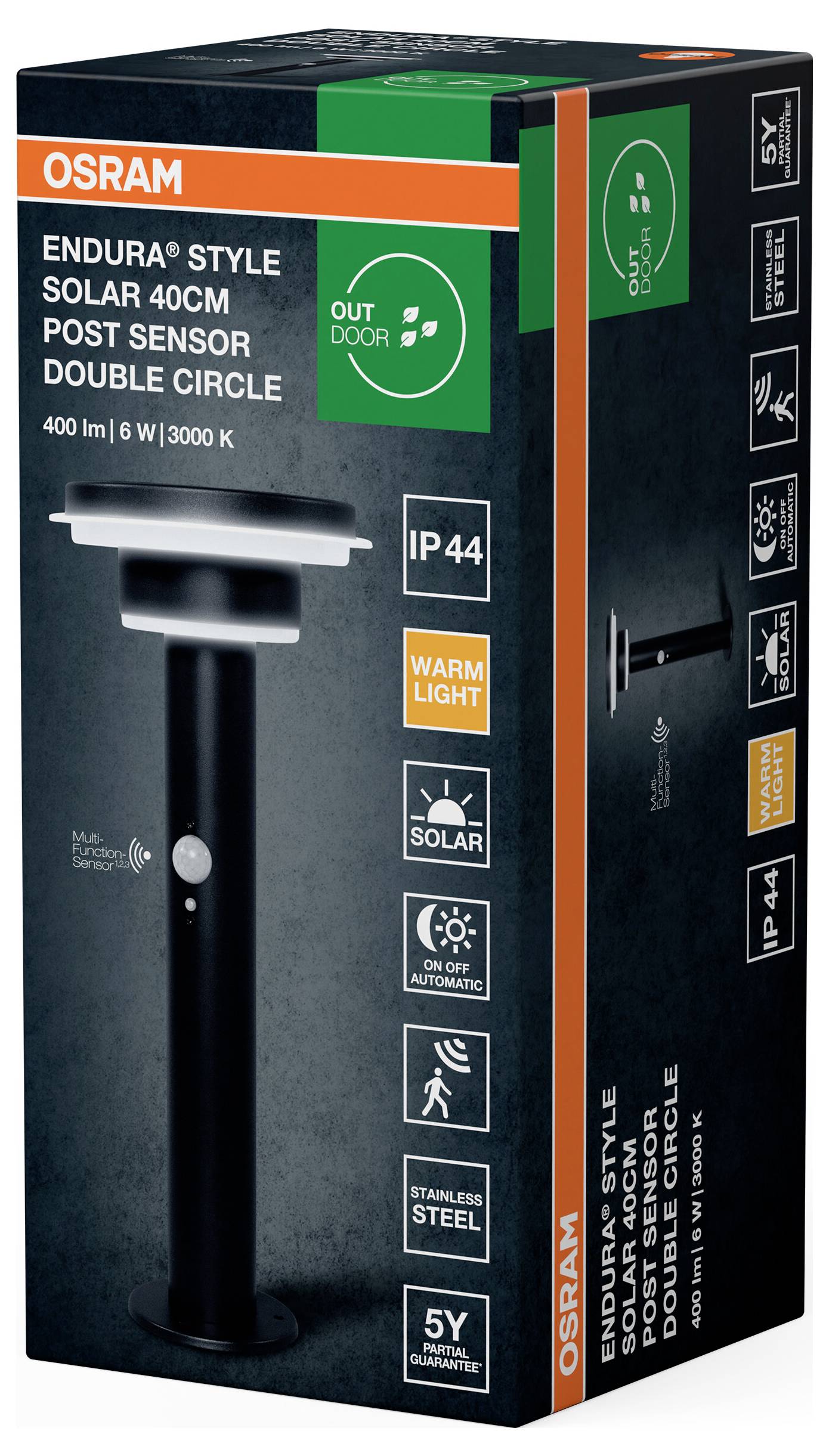 Osram solar-powered outdoor post lamp box showing features: warm light, IP44 rating, solar charging, motion sensor, stainless steel, 5-year warranty.