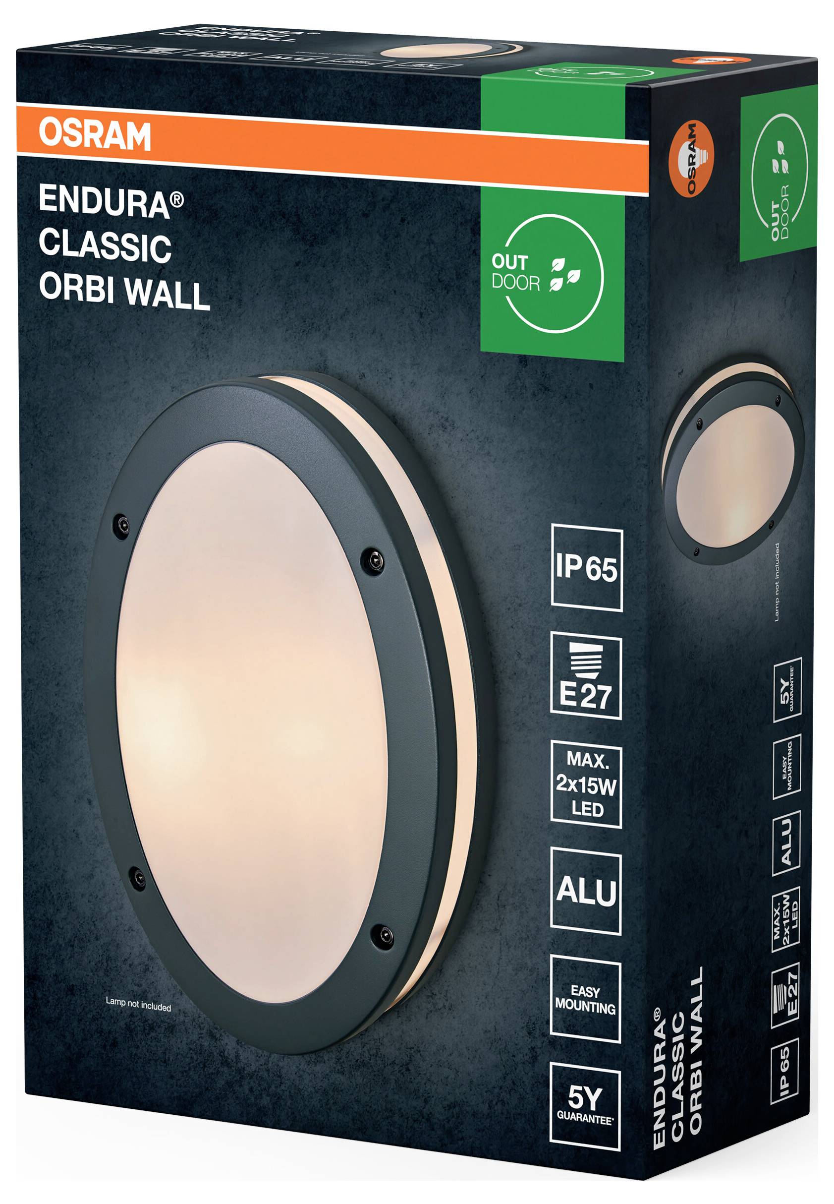 Box of an Osram Endura Classic Orbi Wall outdoor light. Features include IP65 rating, E27, max 2x15W LED, aluminum, and 5-year guarantee.