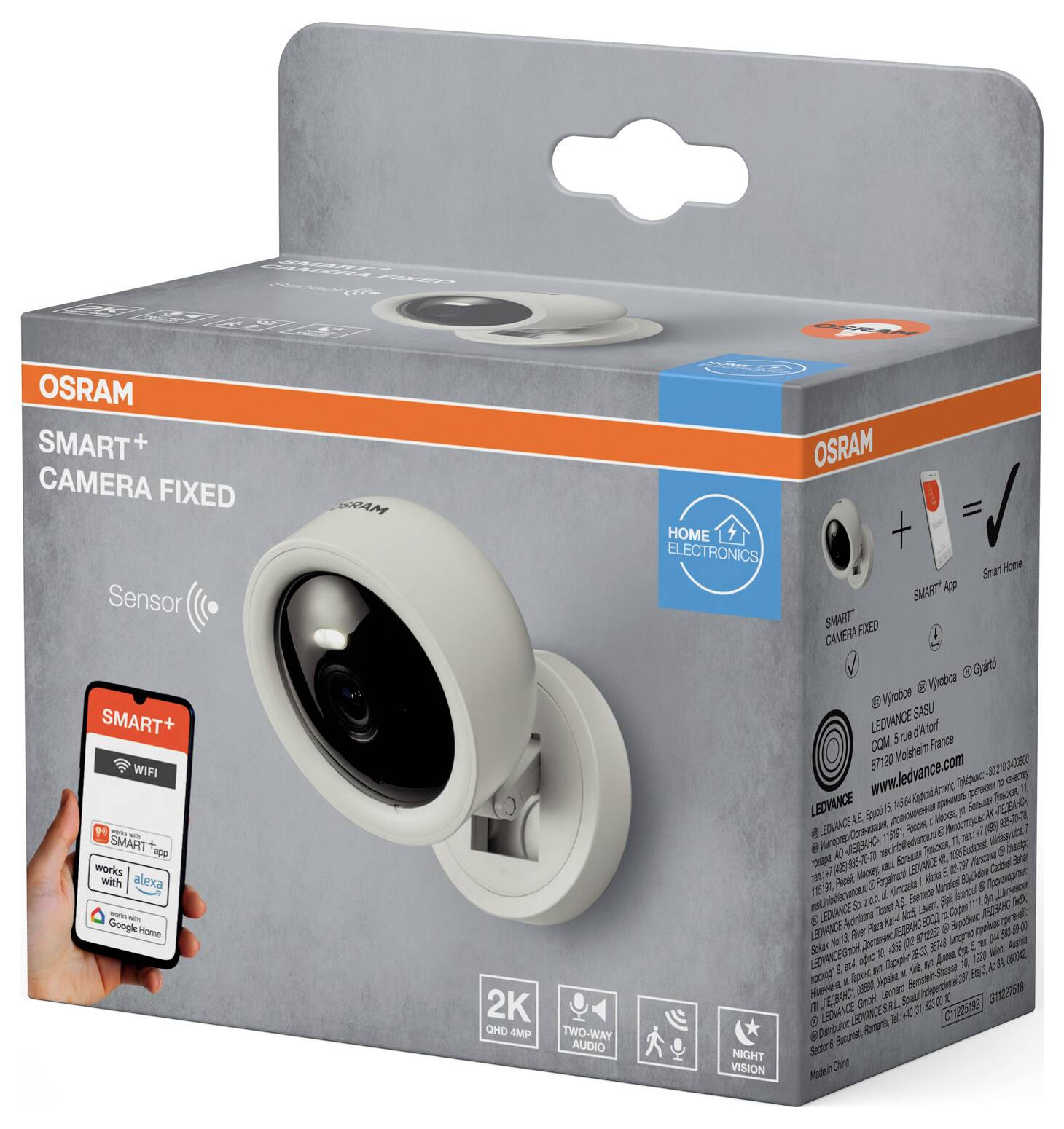 Box of an Osram Smart+ Camera Fixed, featuring Wi-Fi connectivity and AI technology for security monitoring. Comes with app integration.
