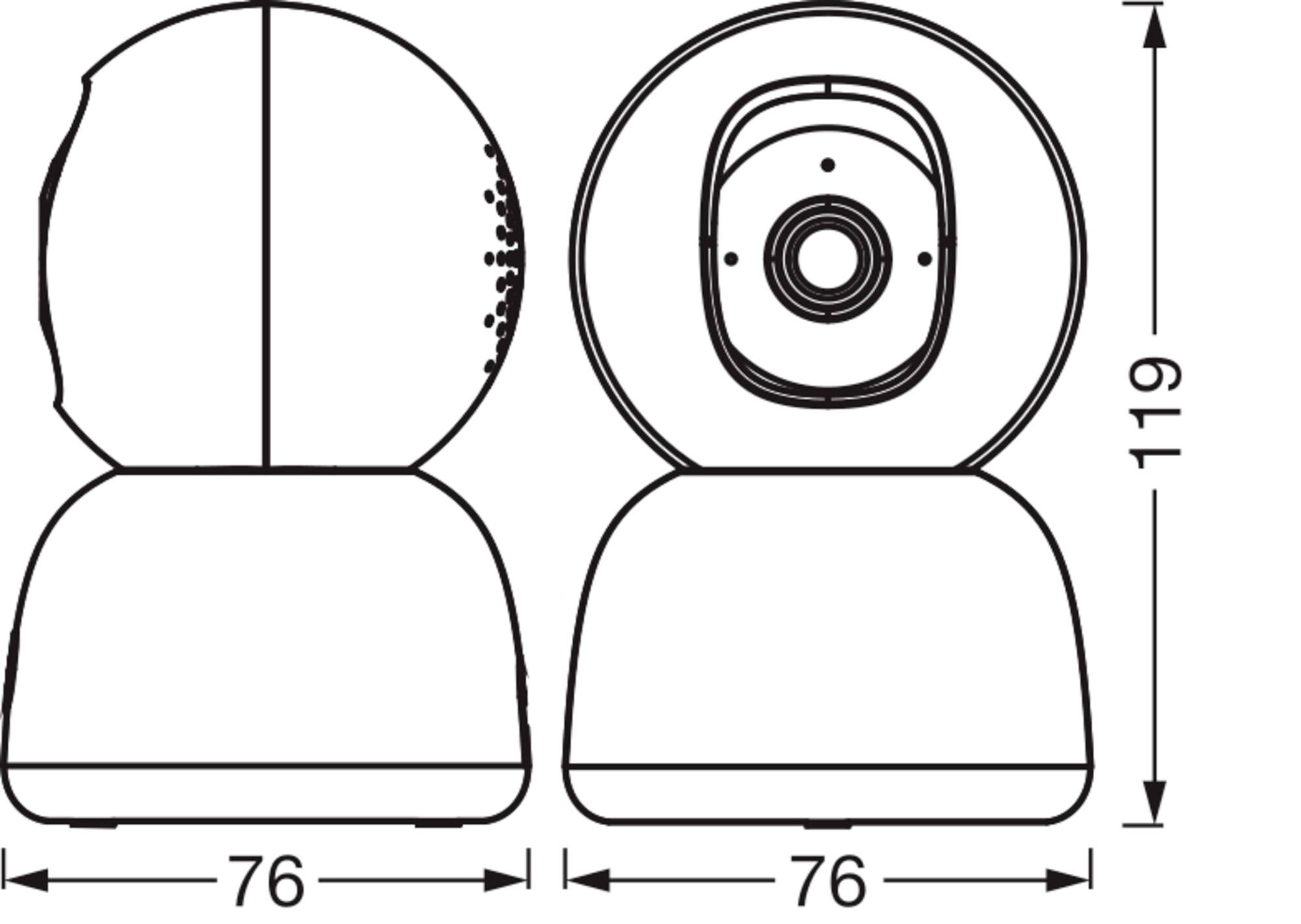 Technical drawing of a camera with dimensions. Front and side views showing height of 119mm and width of 76mm.