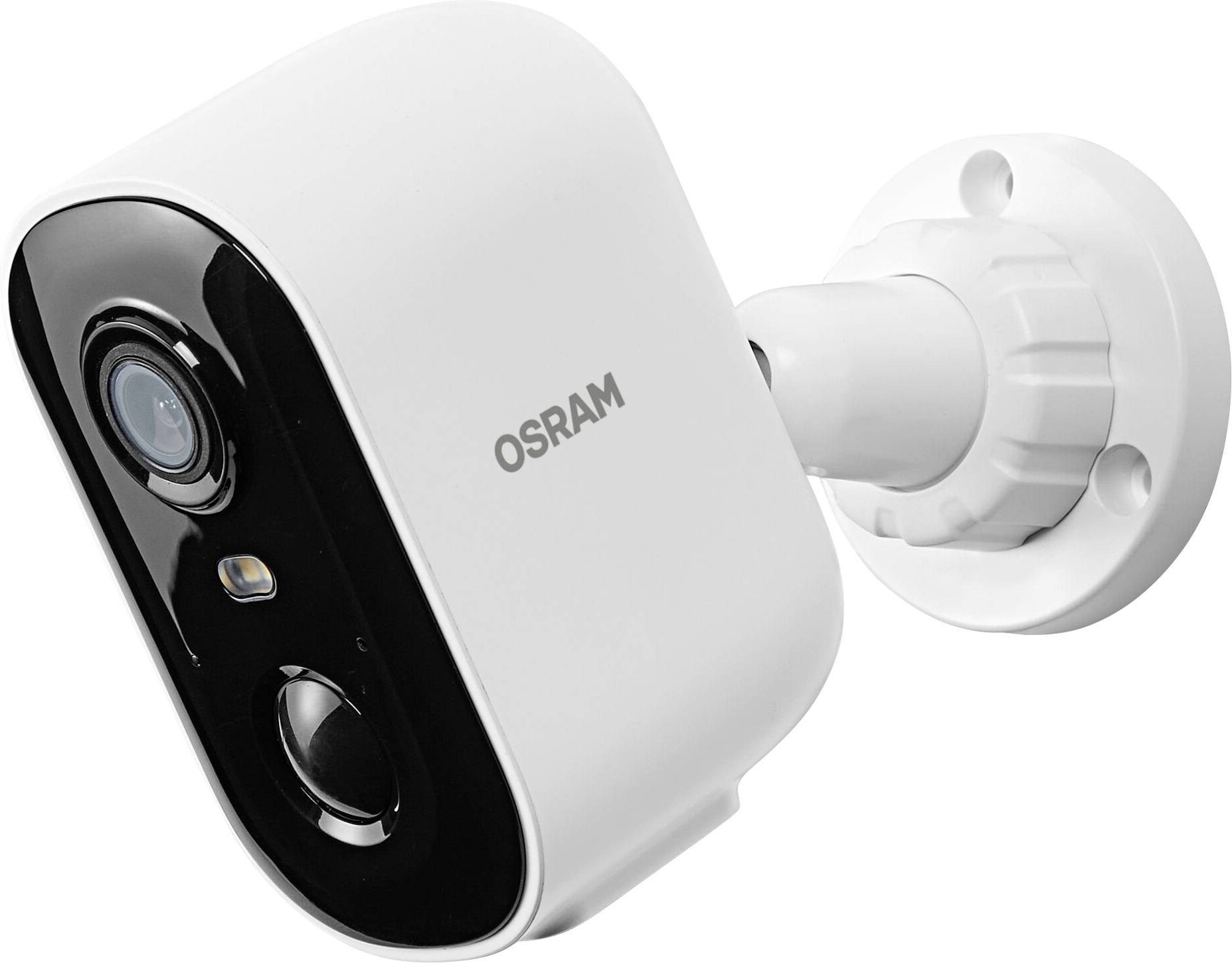 Security camera mounted on a wall, branded with 'OSRAM'.