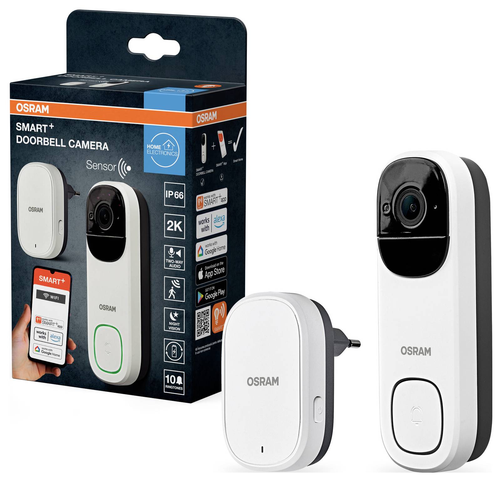 'OSRAM Smart+ Doorbell Camera' packaging and device display. Features include 2K resolution and IP66 rating, suitable for home monitoring.