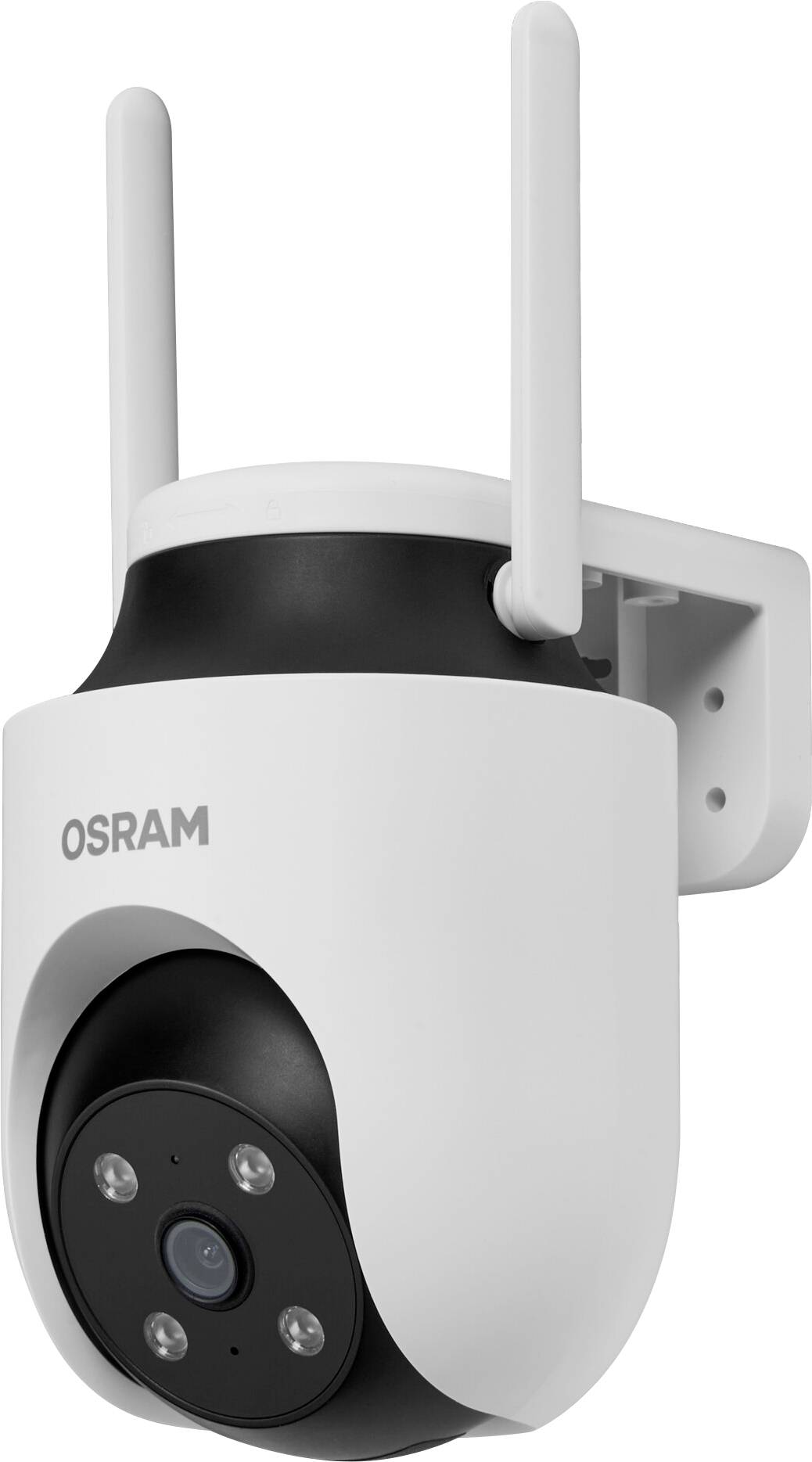 A white and black security camera with antennas, labeled 'OSRAM', is mounted on a wall, designed for surveillance purposes.