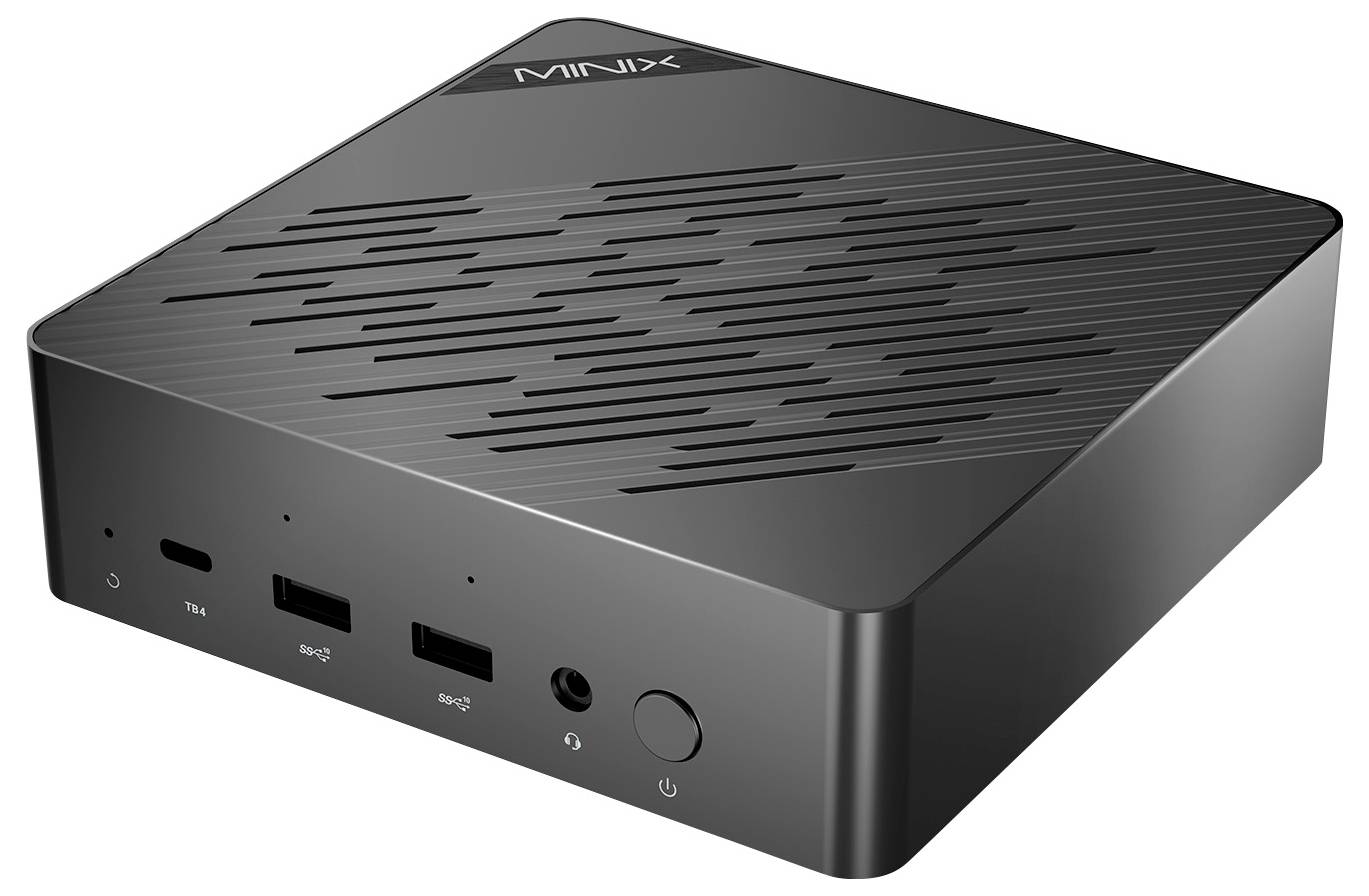 A sleek black mini desktop computer with multiple front ports, including USB and audio jack, and subtle branding on the top surface.