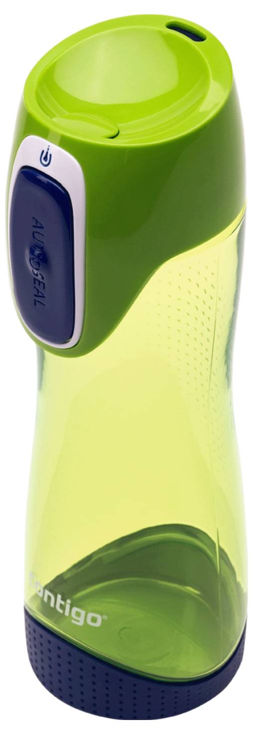 Green and yellow Contigo water bottle with a blue button on the lid for AutoSeal functionality.