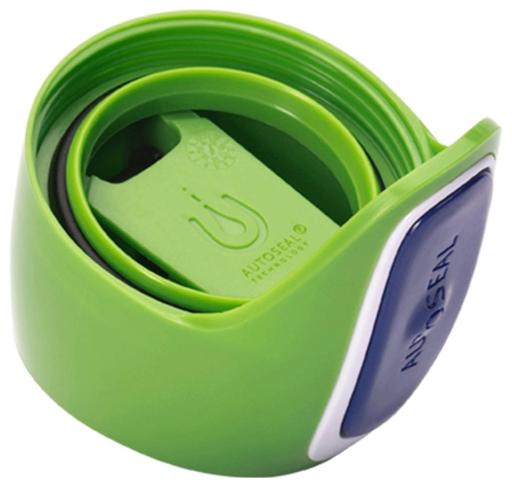 Green travel mug lid with a blue button and 'AUTOSEAL' branding.