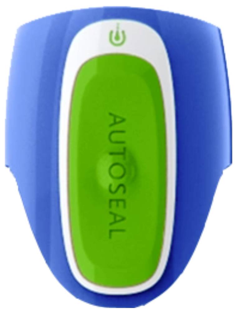 A blue and green 'AUTOSEAL' lid with a power symbol on top, designed to prevent spills.