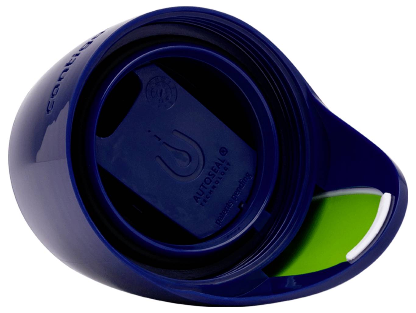 A blue plastic Contigo cup lid with an Autoseal feature, showing its closure mechanism and a green accent on the underside.