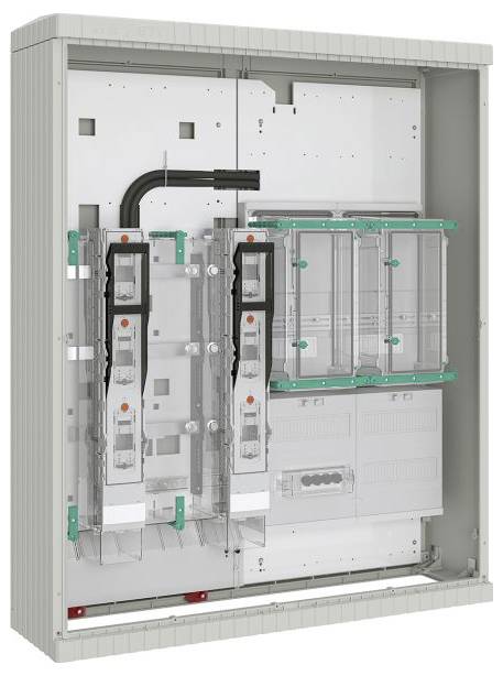 An electrical distribution panel with several circuit breaker units housed in a grey metal cabinet. Visible wires and protective covers present.