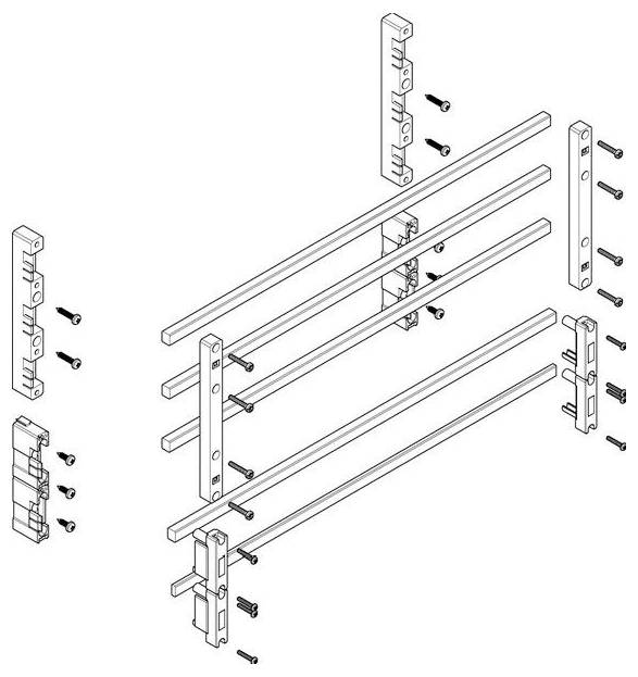 Exploded view of a railing assembly, showing vertical posts, horizontal rails, and screws for assembly.