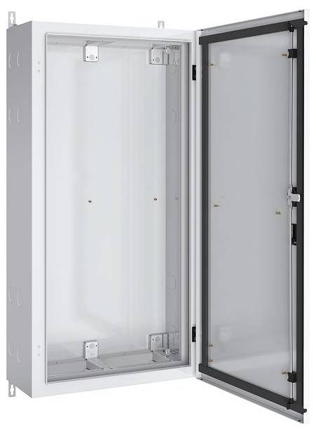 An open, empty electrical enclosure with a transparent door, revealing its metal interior and mounting brackets inside.