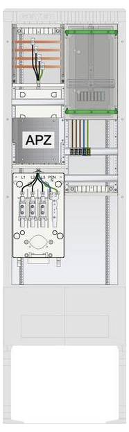 Inside view of an electrical panel showing labeled sections, wires, and components including a 'APZ' module, arranged vertically.