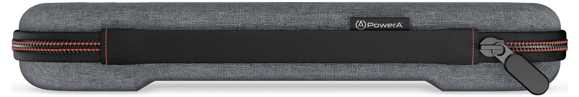 A gray, fabric-covered gaming console carrying case with red accents and a zipper. It has a black handle and a small PowerA logo tag.