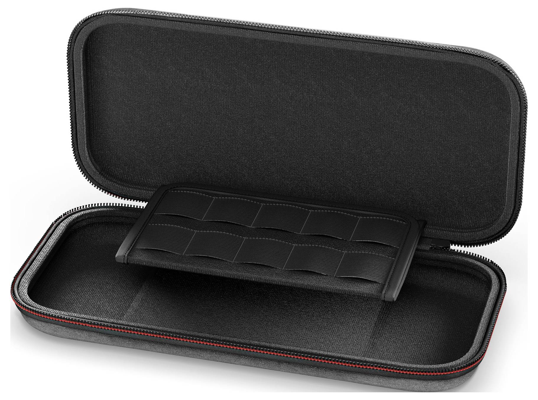 A black hard carrying case with a red zipper, open to show a black insert with storage slots, used to organize and protect small items.