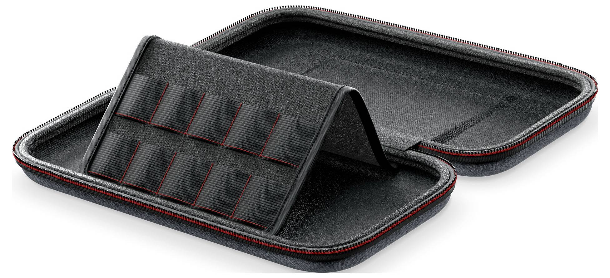 Open, black and red travel case with a built-in strap organizer, designed for carrying and organizing small accessories or tools.