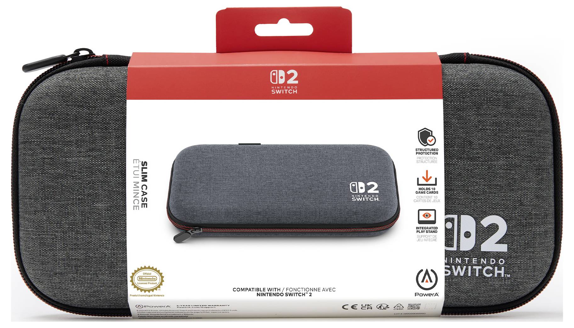 Nintendo Switch carrying case, black with red accents, rectangular shape, zippered closure, PowerA brand, packaging shows fit for Switch.