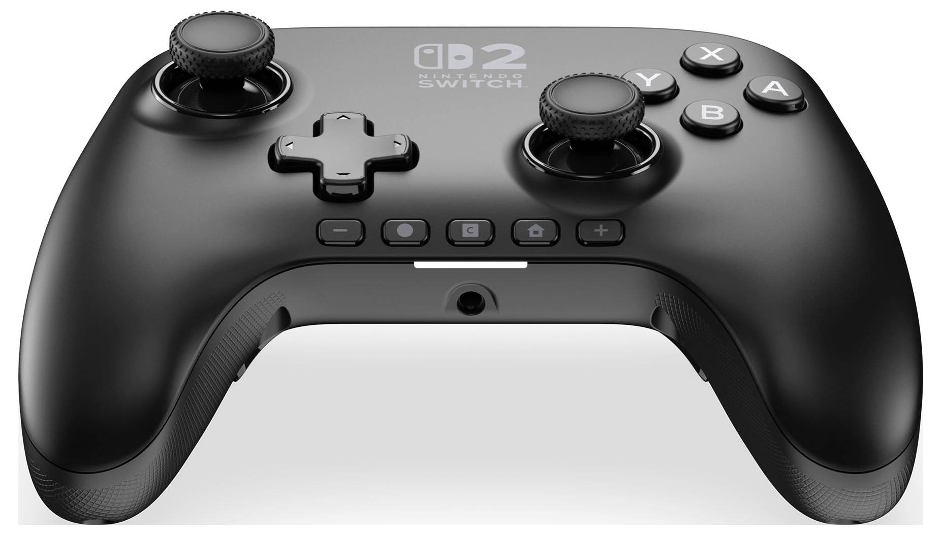 A black gaming controller with dual joysticks, D-pad, A, B, X, Y buttons, and additional functional buttons, compatible with a gaming console.