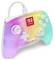 A colorful Nintendo Switch controller with a pastel gradient design, featuring white buttons labeled A, B, X, Y, and control sticks.