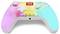 A vibrant gaming controller with pink, yellow, and blue gradient, featuring dual joysticks, a D-pad, and several buttons.