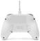 A white video game controller viewed from the back, showing a USB cable and textured grips.