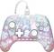 A colorful gaming controller with a gradient background featuring cartoon character outlines. White buttons display 'Y', 'X', 'A', 'B'.