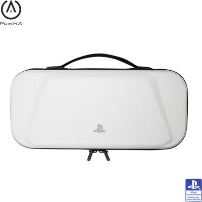 A white carrying case with a PlayStation logo and dual zippers, designed for storing and protecting gaming controllers and accessories.