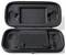 A black, open hard-shell case with compartments and a padded flap, designed for securely storing and transporting a small electronic device.