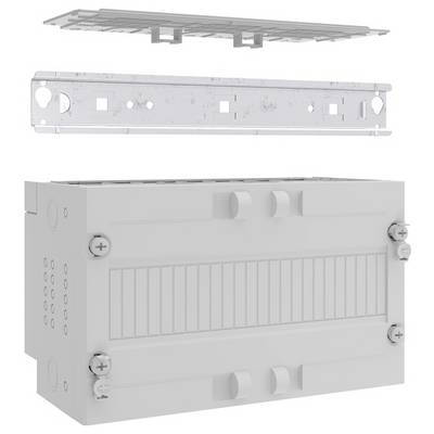 'Exploded view of a modular electrical enclosure showing cover, mounting plate, and base unit with knockout panels for cable entry.'